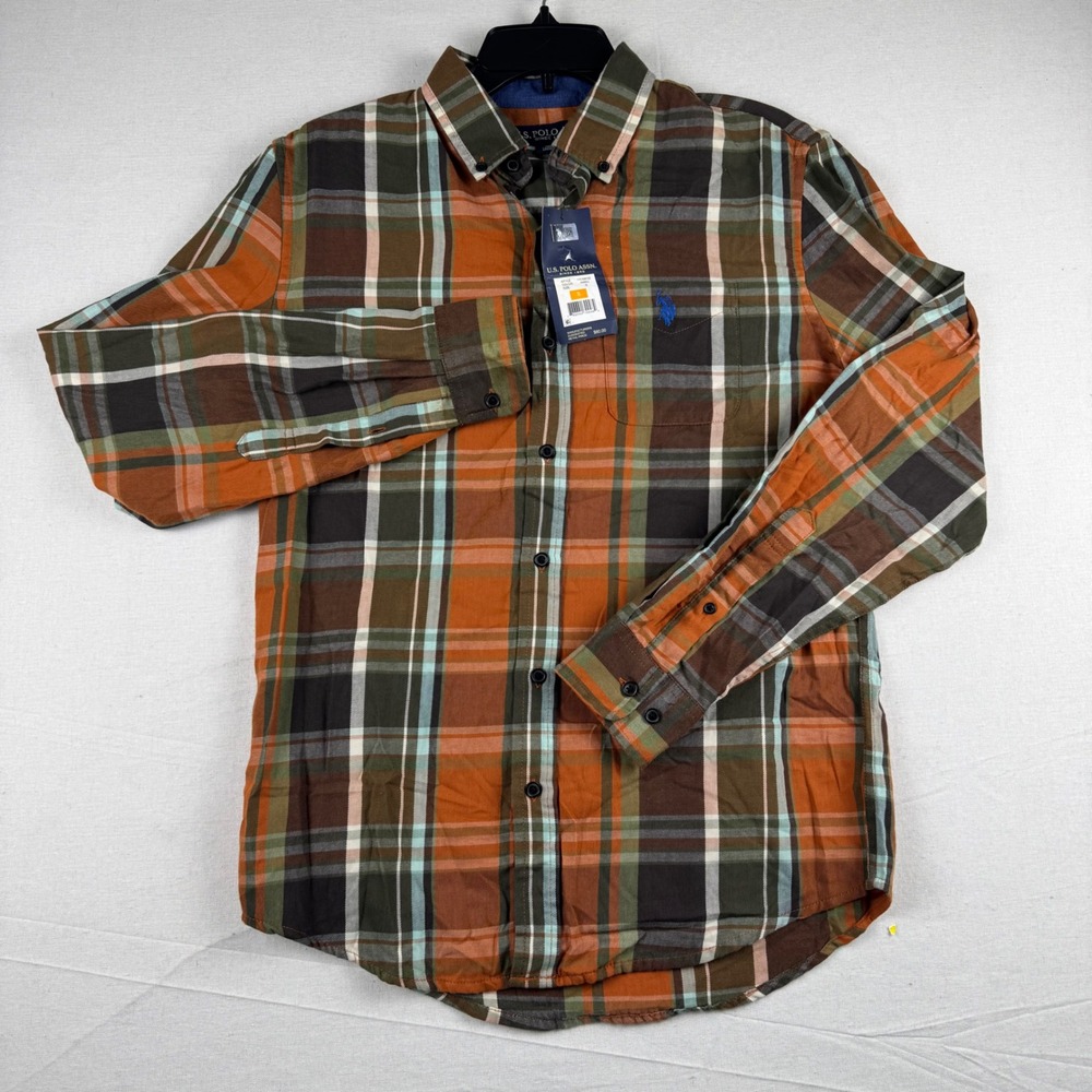 US Polo Assn Mens Plaid Button Down Shirt Orange Green Size S 11C696XE